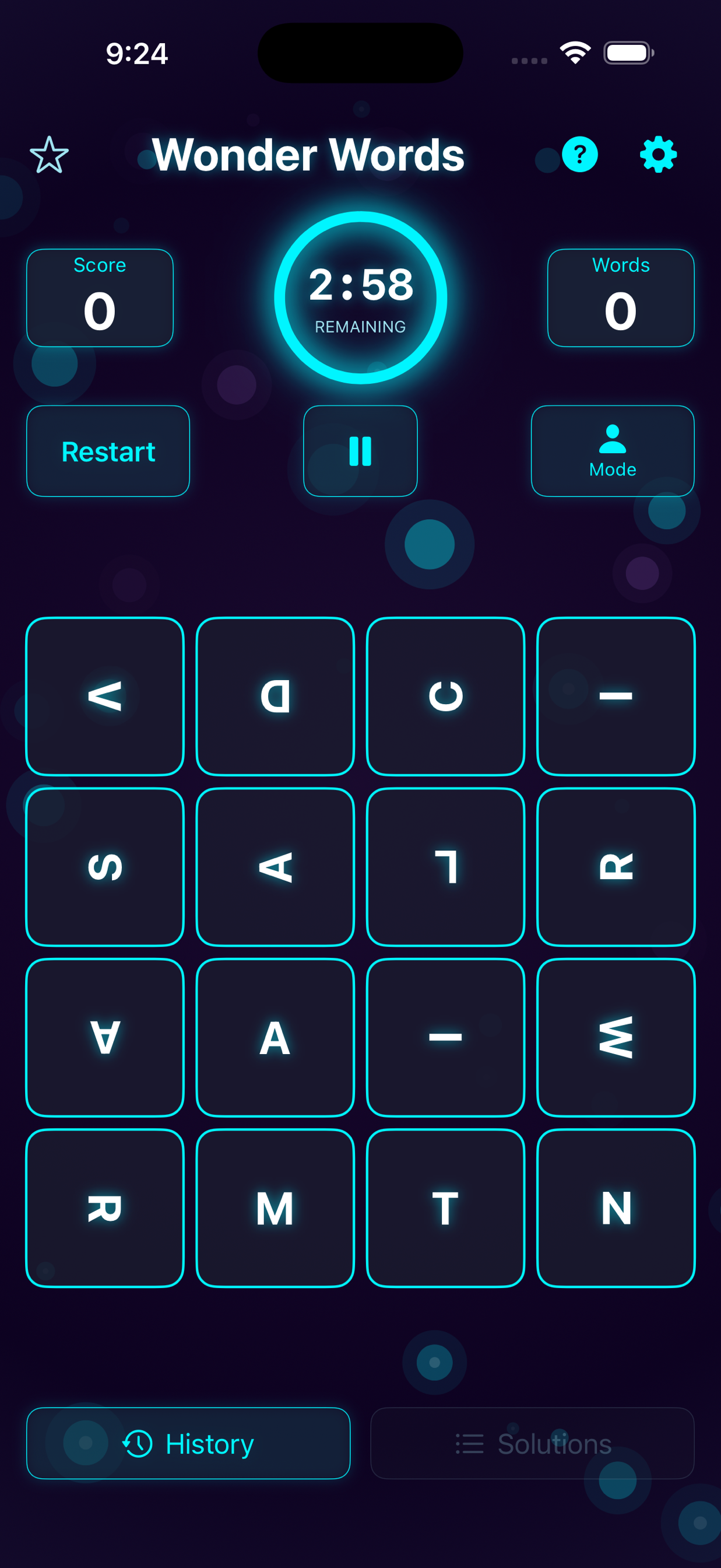 Wonder Words gameplay grid on iPhone